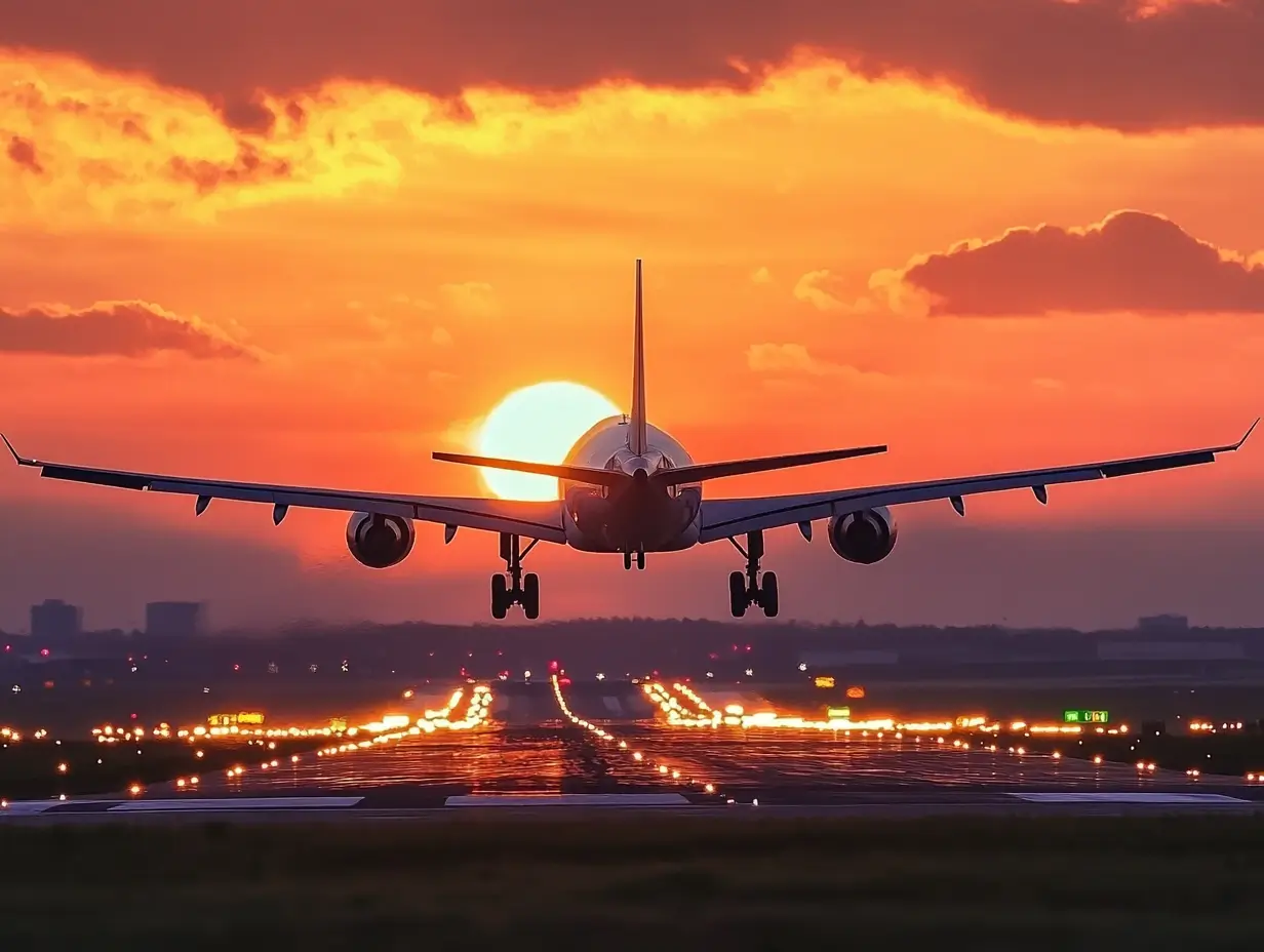 aeroplane taking off into the sunset