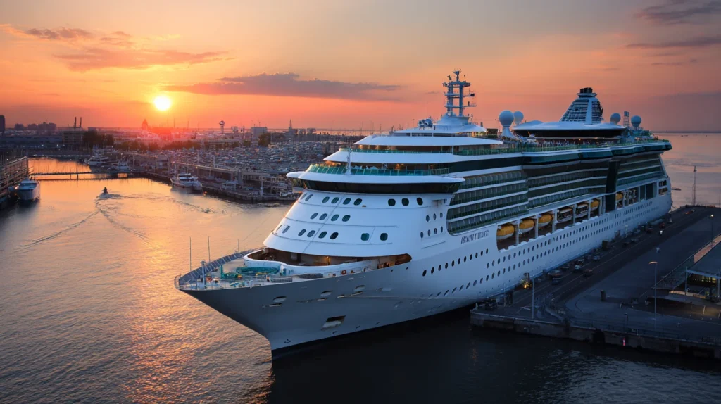 Cruise ship docked in Dubai as sun sets in background at busy port with travellers lining up.